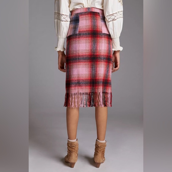 Anthropologie | Maeve Fringed Midi Skirt Plaid Pink Buttondown Christmas New 6 - Picture 9 of 15